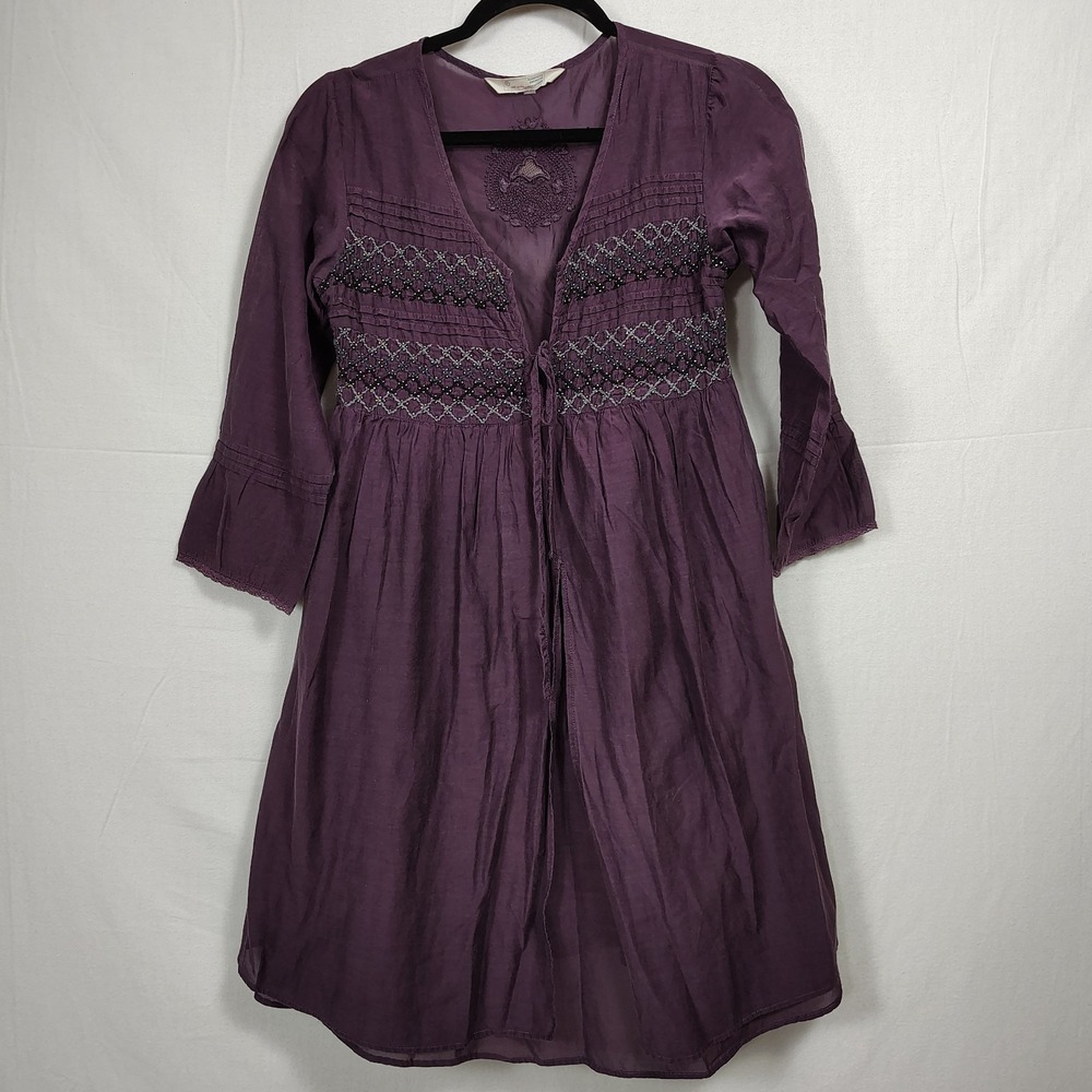 Odd Molly Uncorporated Embroidered Purple Tie Front ¾ Sleeve Dress‎ Size 0 Fairy